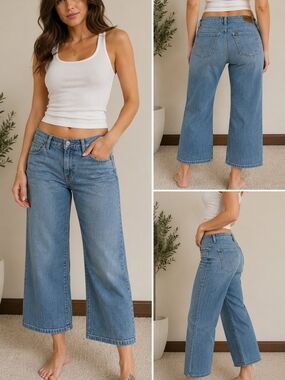 Lee Lower On The Waist Cropped Wide Leg Jeans Women Size 10 Medium Wash Stretch
